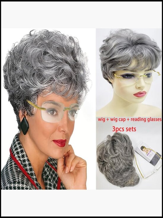 Short Curly Grey Wig with Bangs Fluffy Heat Resistant Synthetic Hair Easy Care main image 6
